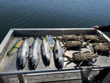 4 coho and 5 large male Dungeoness Crab 
